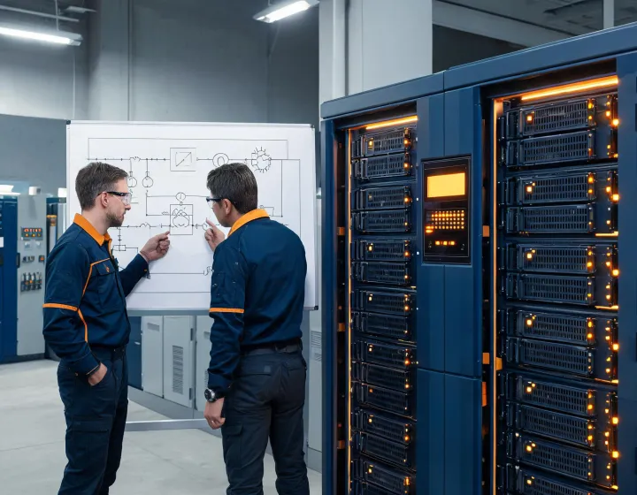 Engineers reviewing UPS single-line drawings